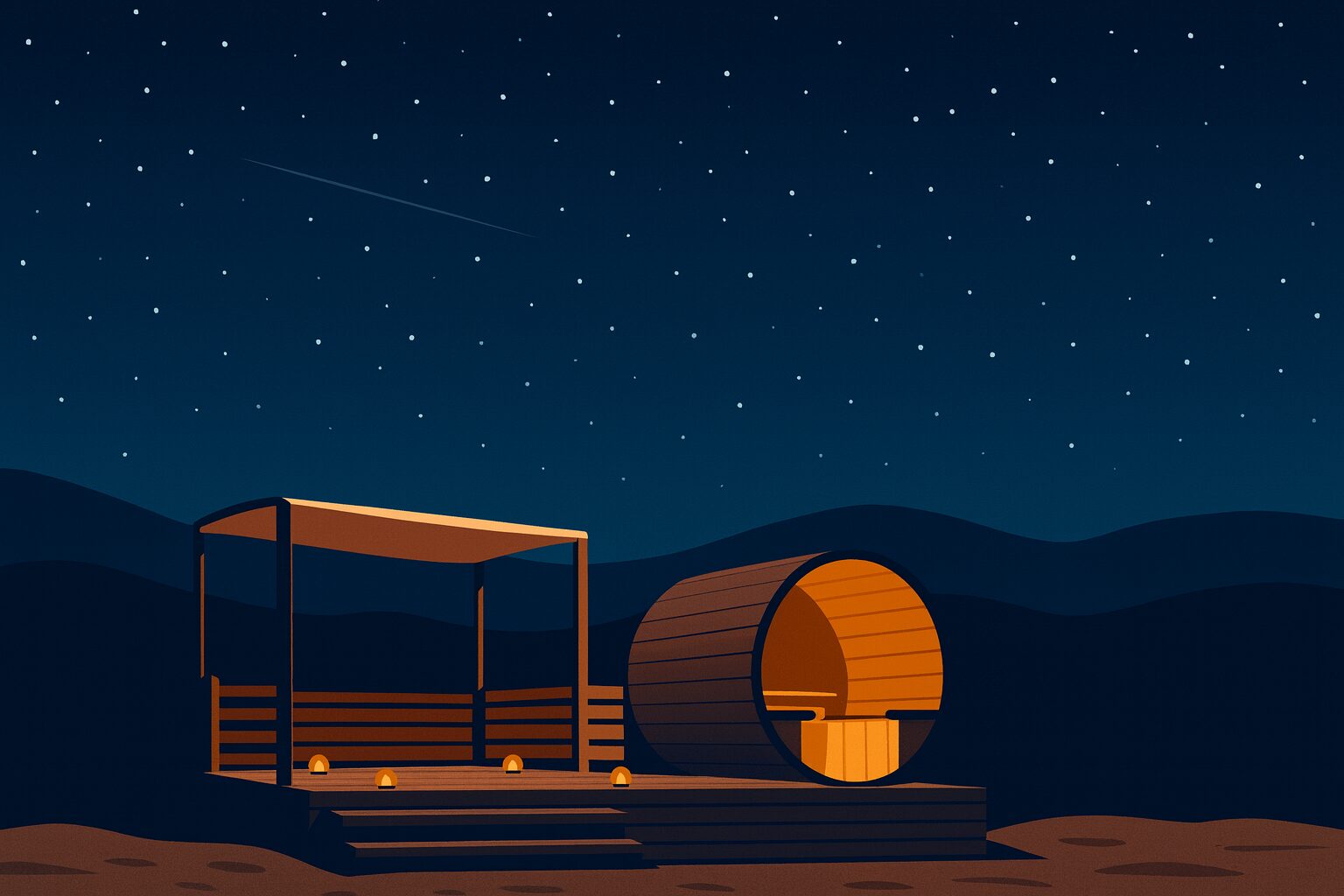 サ旅図鑑の共通アイキャッチ画像（サウナ小屋と星空のイラスト）